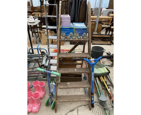 AN ASSORTMENT OF ITEMS TO INCLUDE A FOUR RUNG WOODEN STEP LADDER, TWO SCOOTERS AND A BRASS AMAGAZINE RACK ETC 