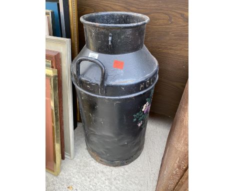 A VINTAGE PAINTED MILKCHURN WITH FLORAL DETAIL 