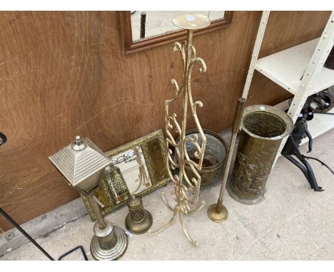 AN ASSORTMENT OF ITEMS TO INCLUDE A BRASS STICK STAND, A BRASS COULDRON AND A BRASS FRAMED MIRROR ETC 