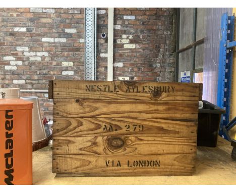 A VINTAGE WOODEN NESTLE AYLESBURY AA.279 VIA LONDON PACKING CASE 