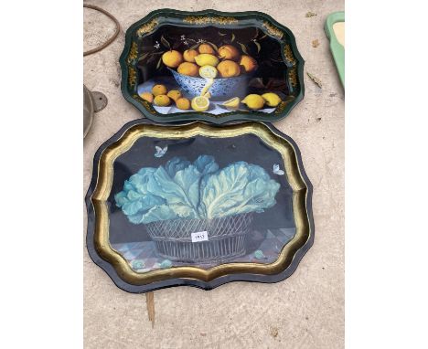 TWO VINTAGE PAINTED METAL SERVING TRAYS 
