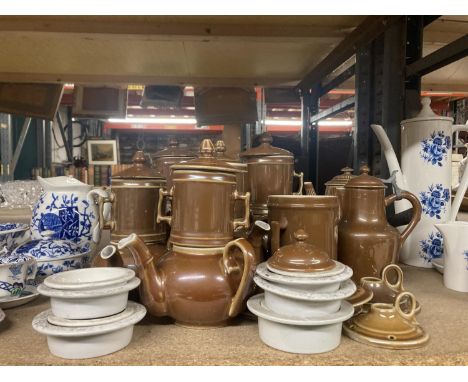 A LARGE QUANTITY OF FRENCH CERAMIC ITEMS TO INCLUDE TEAPOTS WITH INFUSERS, COFFEE POTS, ETC 