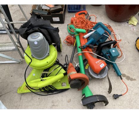 AN ASSORTMENT OF GARDEN POWER TOOLS TO INCLUDE FLYMO STRIMMERS, HEDGE TRIMMERS AND A GARDEN VAC ETC 