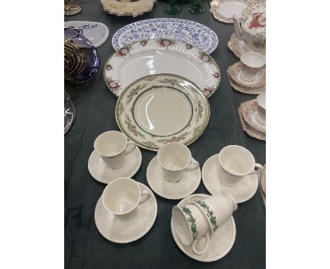 FIVE WEDGWOOD CUPS AND SAUCERS - CREAM WITH AN IVY DESIGN - A MINTON 'STANWOOD' PLATE, ROYAL ALBERT 'CELEBRATION' SERVING PLA