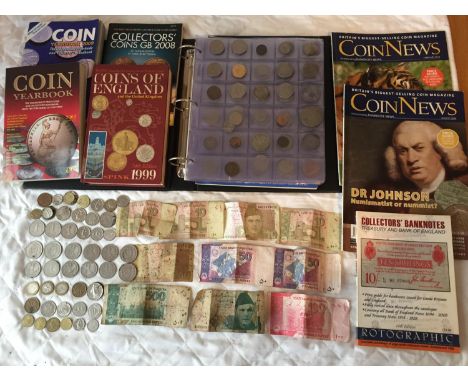 A COLLECTOR'S COIN ALBUM CONTAINING VINTAGE BRITISH COINAGE ALONG WITH A QUANTITY OF PAKISTAN BANK NOTES AND OTHER VINTAGE MI