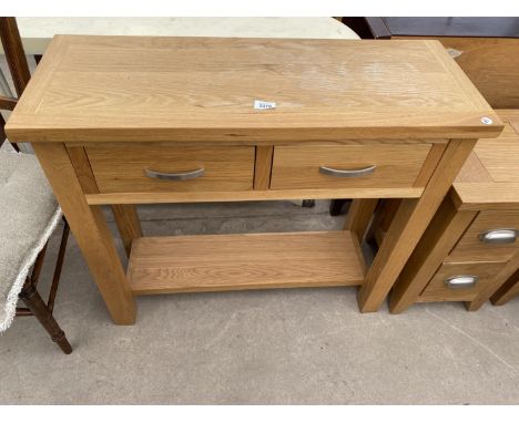 A MODERN OAK 'ROSELAND' CONSOLE TABLE WITH TWO DRAWERS ON OPEN BASE, 33.5" WIDE 