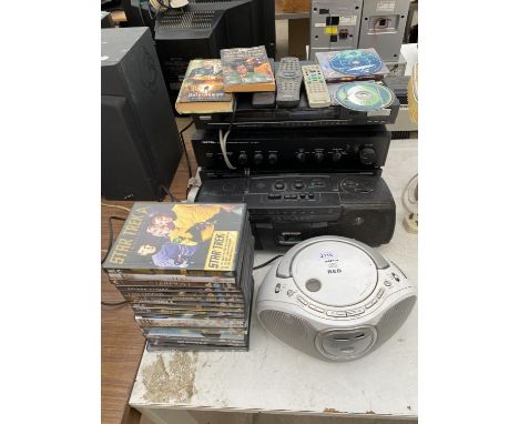 AN ASSORTMENT OF ITEMS TO INCLUDE A SHARP RADIO, A CD PLAYER AND A ROTEL STEREO INTERGRATED AMPLIFIER ETC 