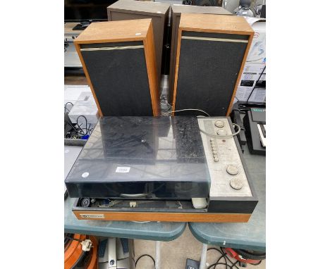 A VINTAGE PYE BSR P128R RECORD PLAYER AND TWO WOODEN CASED SPEAKERS 