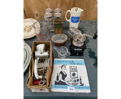 AN ASSORTMENT OF ITEMS TO INCLUDE A SIGN, A VINTAGE MEAT MINCER AND JELLY MOULDS ETC 