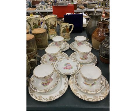 A QUANTITY OF LUBERN 'CRINOLINE LADY' CHINA TO INCLUDE CUPS, SAUCERS AND SIDE PLATES 