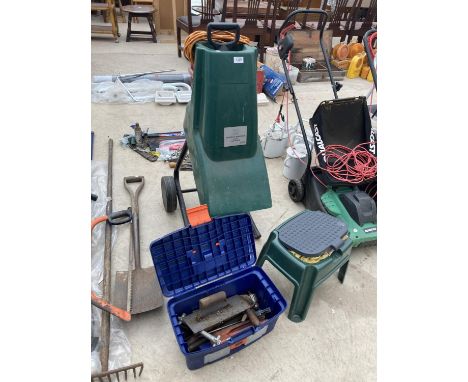 A PERFORMANCE ELECTRIC GARDEN SHREDDER AND AN ASSORTMENT OF HAND TOOLS ETC 