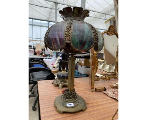 A VINTAGE BRASS TABLE LAMP WITH METAL AND GLASS SHADE 