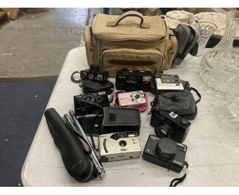 A QUANTITY OF VINTAGE CAMERAS TO INCLUDE A NIKON AF240SV, OPTIMA 335 SENSOR, DIXONS SHARPSHOOTER DISC, KODAK 10.3 MEGA PIXELS