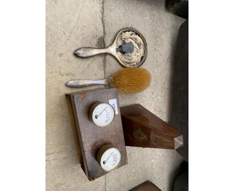 AN ASSORTMENT OF ITEMS TO INCLUDE A VINTAGE METRANOME, A HALLMARKED SILVER MIRROR FRAME AND A HALLMARKED SILVER BRUSH ETC 