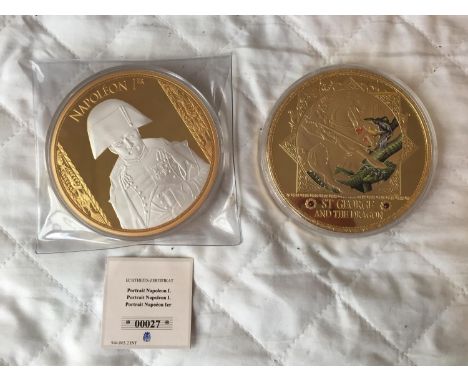 TWO VERY LARGE AND UNUSUAL COLLECTOR'S MEDALLIONS, ONE BEING A PORTRAIT OF NAPOLEON WITH CERTIFICATE AND THE OTHER BEING ST G