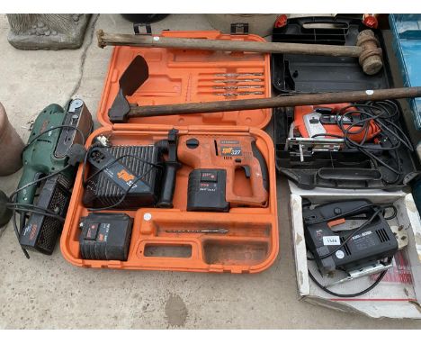 AN ASSORTMENT OF TOOLS TO INCLUDE TWO BLACK AND DECKER JIGSAWS AND A BOSCH SDS DRILL ETC 