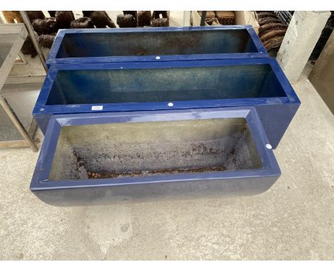 THREE BLUE FIBRE GLASS TROUGH PLANTER (2X W:100CM AND 1X W:75CM) 
