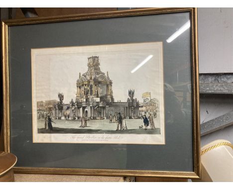 A VINTAGE FRAMED PRINT OF 'THE GRAND PAVILLION IN THE GREEN PARK' 53CM X 43CM 