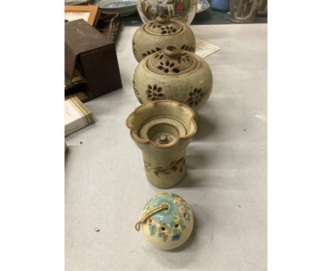 TWO STUDIO POTTERY POT POURRI JARS, A CANDLESTICK AND A FLORAL POMANDER 