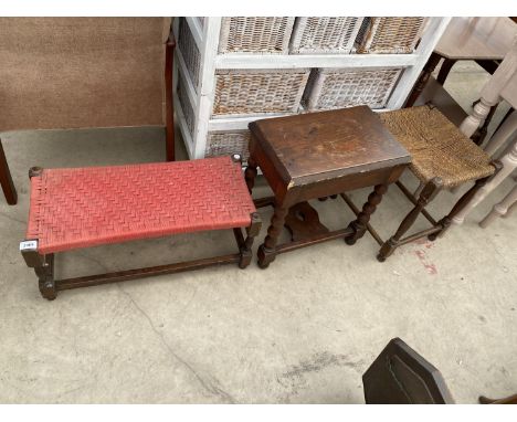 AN OAK AND BEECH STOOL ON BOBBIN LEGS AND TWO OTHER STOOLS 