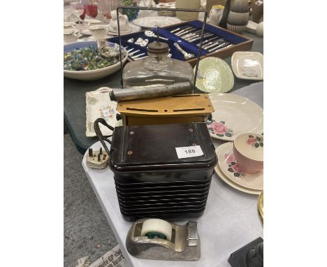 AN UNUSUAL VINTAGE GLASS BOTTLE WITH METAL BANDING AND HANDLE, BAKELITE SPEAKER, VINTAGE TOASTER, SELLOTAPE DISPENSER, ETC 