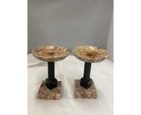 A PAIR OF MARBLE STYLE CLOCK GARNITURES 