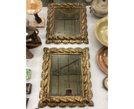 A PAIR OF VINTAGE WALL MIRRORS WITH GILDED GESSO FRAMES 34CM X 29.5CM 