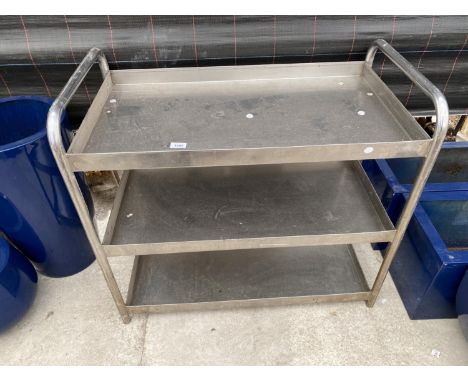 A THREE TIER STAINLESS STEEL KITCHEN BENCH 