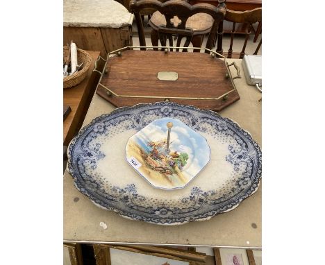 A VINTAGE OAK TRAY WITH GALLERY SIDES, A LARGE BLUE AND WHITE MEAT PLATE AND A FLOSMARON CAKE PLATE 
