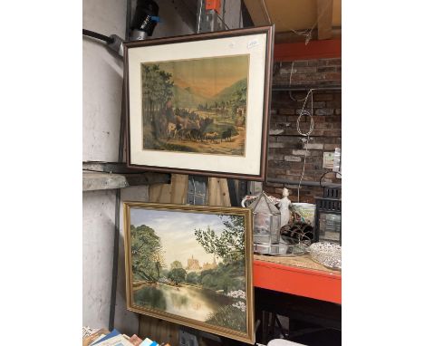 A VINTAGE STYLE PRINT OF A PASTORAL SCENE WITH COWS PLUS AN OIL ON BOARD SIGNED B BOSMAN OF A LAKE VIEW WITH A CASTLE IN THE 