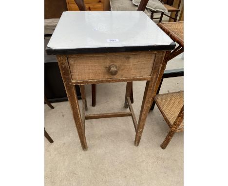 A MID 20TH CENTURY WASHSTAND WITH 16" SQUARE ENAMEL TOP WITH SINGLE DRAWER AND TOWEL RAIL 
