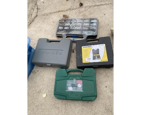 AN ASSORTMENT OF TOOLS AND HARDWARE TO INCLUDE SCREWS AND A GRINDER SET ETC 