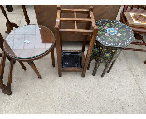 A MAHOGANY OCCASIONAL TABLE, 15" DIAMETER, OAK FOUR DIVISION STICK STAND AND SMALL OCTAGONAL TABLE PROFUSELY PAINTED WITH FLO