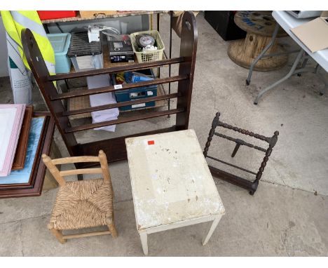 A BEECH SHOE STAND, 29" WIDE, SMALL CHILDS CHAIR, OAK BOOK STAND AND PAINTED TABLE 