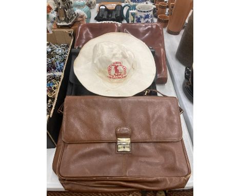 THREE VINTAGE LEATHER SATCHELS AND A LORD'S CRICKET GROUND WHITE FLOPPY HAT 