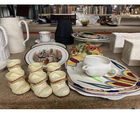 A QUANTITY OF MAINLY CERAMIC ITEMS TO INCLUDE VARIOUS PLATES, EGG CUPS, WALL PLAQUE, LAMP SHADES, ETC 