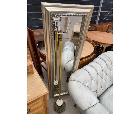 A SIVER EFFECT WALL MIRROR, 66X18", BRASS AND MARBLE STANDARD LAMP 