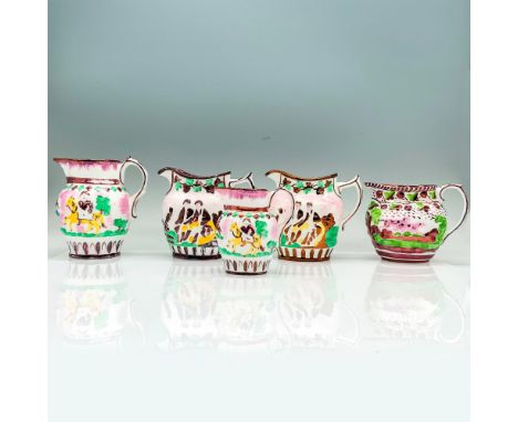 A set of 5 creamers that each depict a scene of England's countryside. The five creamers are: 2 Horsemen, 2 Huntsmen, and Sno