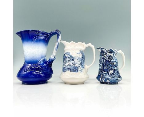 Set of three English ceramic pitchers. The two Old Foley pitchers exhibit highly detailed English pastoral designs in blue ov