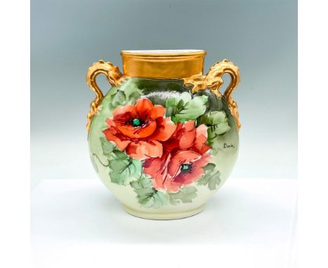 A hand painted moon shaped flask vase with two dragon gilded handles. The vase is decorated with red poppies. Artist's name o