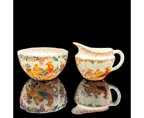 Porcelain creamer pitcher and bowl in a vibrant bird motif with gilt rims. Royal Crown Derby backstamp. This design was taken