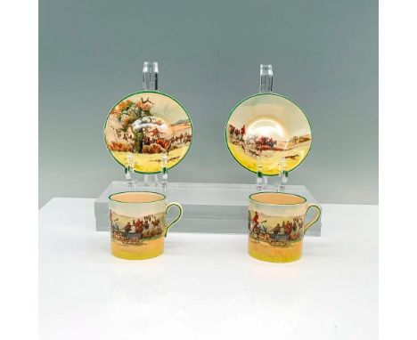 A set of 2 teacups and 2 saucers that depict an autumn scene of a group of men hunting foxes on horseback. Royal Doulton back