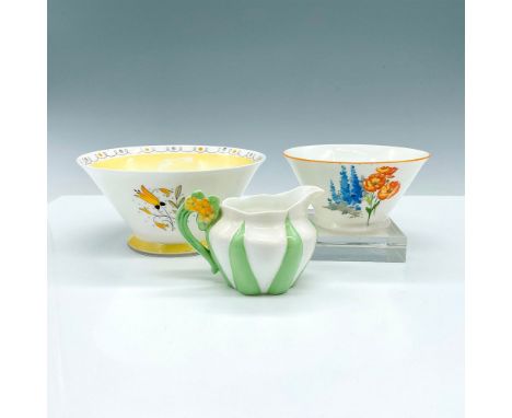 This grouping of Shelley bowls includes 2 straight sided bowls and a small pitcher or creamer. Largest bowl measures 2.75"H x
