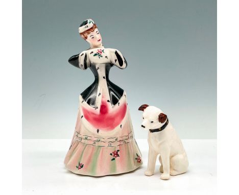 Goldscheider Inc. White Christmas china figurine of a woman in black and pink dress and an unmarked miniature figurine of a J