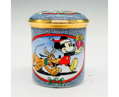 Hand painted enamel with gilt edge screw on top showing Christmas scene on blue speckled background. Halcyon Days backstamp. 
