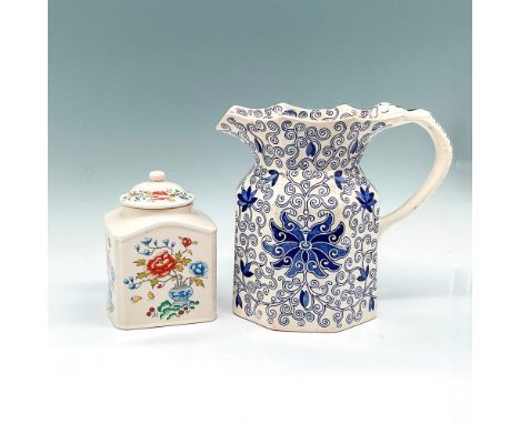 Includes blue and white swirl design on pitcher 7"H x 5"dia. and small floral container with lid 3.25"L x 3.25"W x 5.25"H. Ma