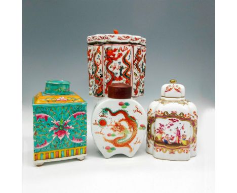 Includes brightly colored canister and lid with dragon design 5.5"H, square green, orange and rose-colored caddy with lid (li