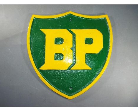 A large cast iron BP sign approximately 34 cm x 33 cm. [YBPL] This lot must be paid for and removed no later than close of bu