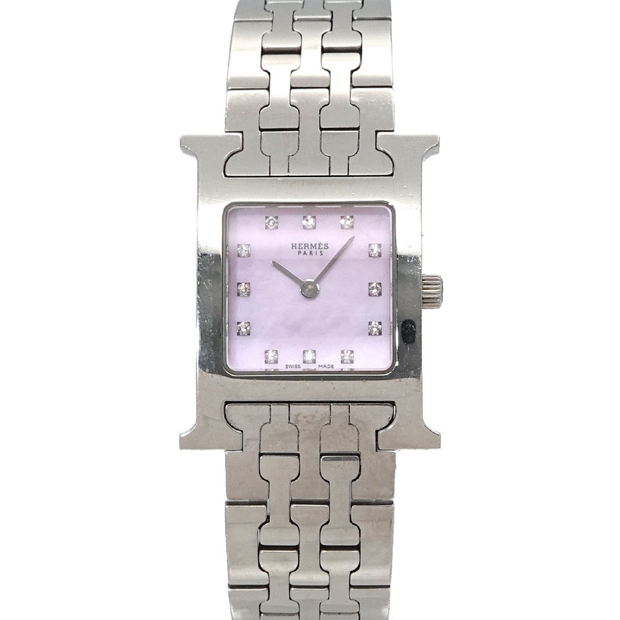 Hermes H-Watch HH1 210 Women\'s Watch 12P Diamond Pink Shell Quartz H