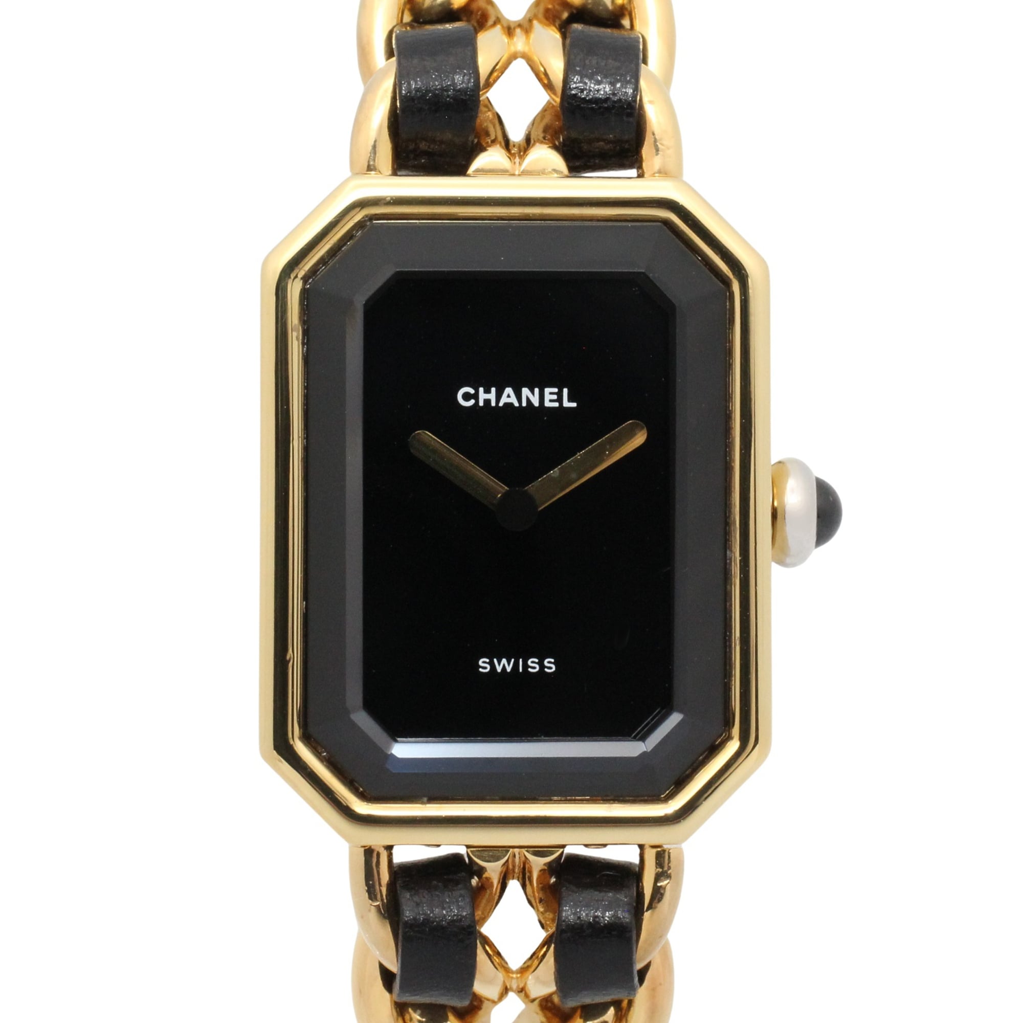 Chanel CHANEL Première S Watch, Gold Plated (GP), Leather Strap, Women\'s, Black, H0001
